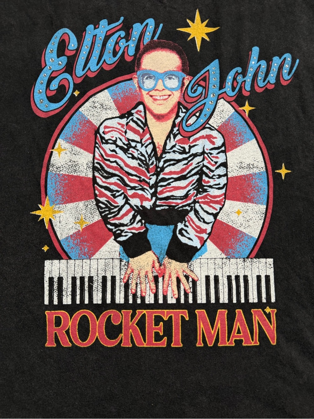 Elton John Rocket Man Graphic Tee - Black with Red, Blue, White